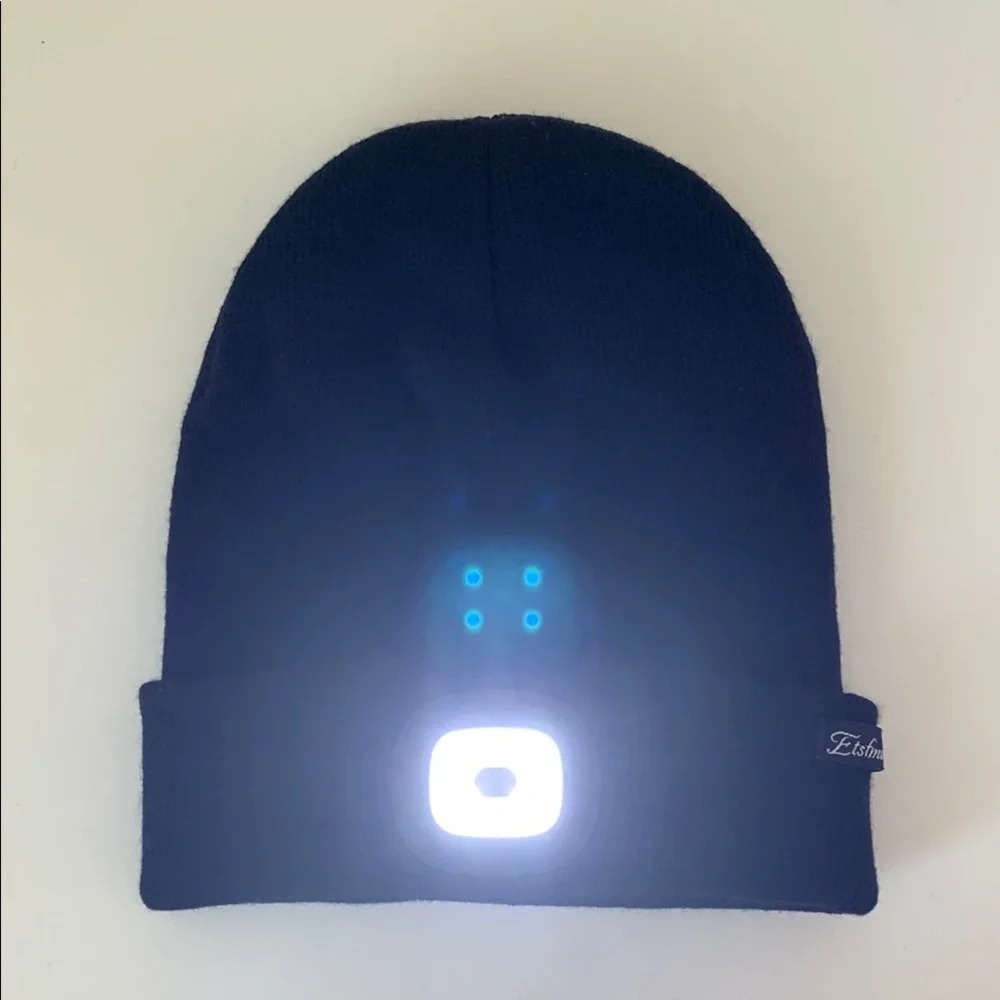 Unisex LED Light Headlamp Winter Knitted Beanie USB Rechargeable Cap Black